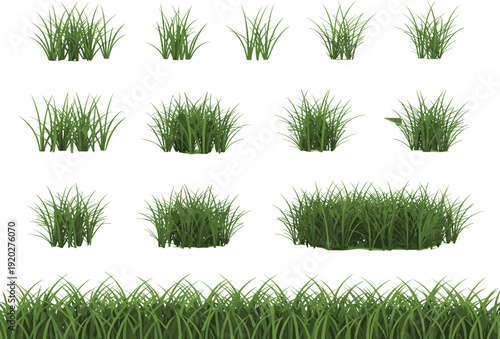 Green grass collection vector set, realistic lawn and meadow plants isolated on white background for landscape design, flat vector illustration