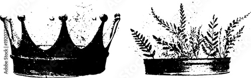 Monochrome crown and laurel illustration for vintage design and decoration