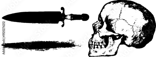 High contrast black and white dagger and skull ink illustration for retro designs
