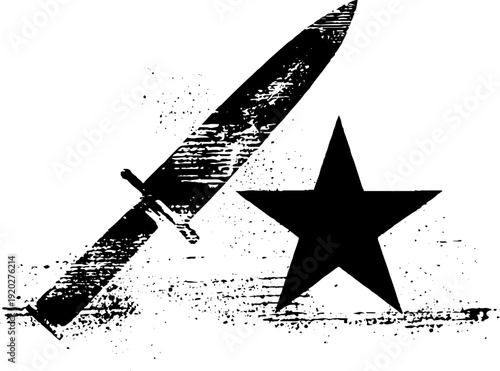 High contrast black and white ink illustration of dagger and star - retro design for posters