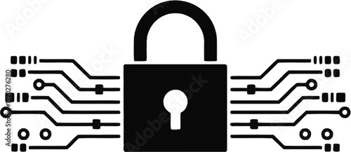 Cyber security concept digital padlock icon with circuit board traces representing data protection and network safety.
