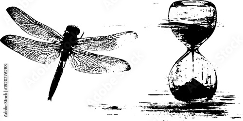 Dragonfly and hourglass ink art - high contrast nature and time concept in black and white