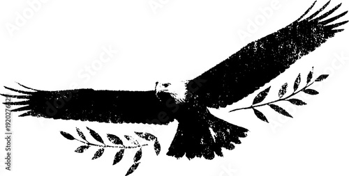 Majestic eagle with laurel wreath high contrast black and white ink illustration