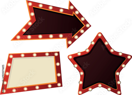 Bundle of retro marquee light signs arrows and text frames.