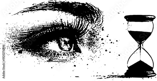 Eye and hourglass black and white ink illustration reflecting time and perception for design