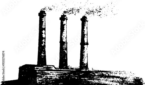Industrial era factory smokestacks ink sketch - high contrast design for posters or cards
