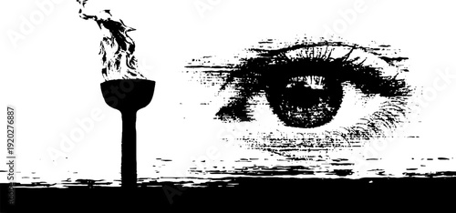 Symbolic eye and torch flame in high contrast ink drawing for conceptual art design