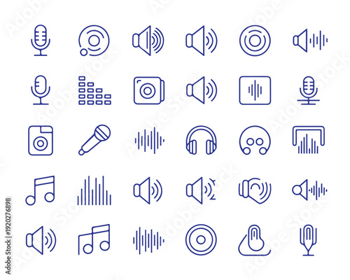 Set of audio and sound vector line icons. includes microphone, vinyl record, speaker, volume, music note, and sound wave symbols