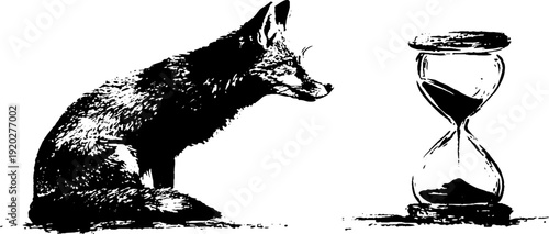 Fox and hourglass high contrast ink art - time and patience concept illustration