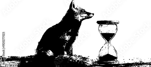 High contrast ink illustration of fox and hourglass in black and white design for timeless concepts
