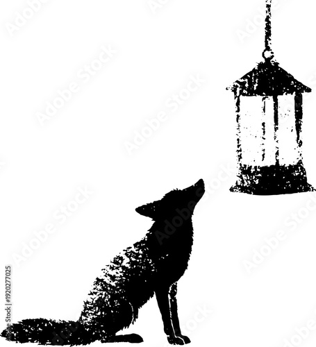 Fox gazing at lantern in high contrast black and white ink