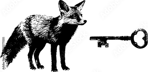 High contrast fox with key black and white ink artwork for design and decor