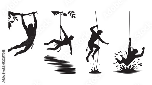 Vector Illustration Of People Swinging And Jumping On Ropes For Adventure And Fitness Concept