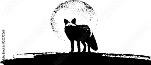 Mystical fox and moon silhouette in high contrast ink art for retro designs