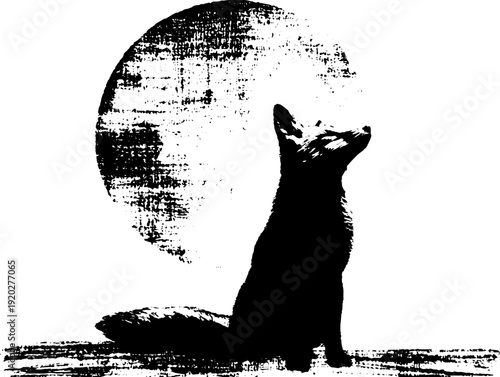 Majestic fox under moonlit sky - high contrast black and white ink design for art prints