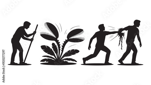 Vector Illustration Of Silhouette Men Gardening And Removing Weed For Healthy Growth Concept