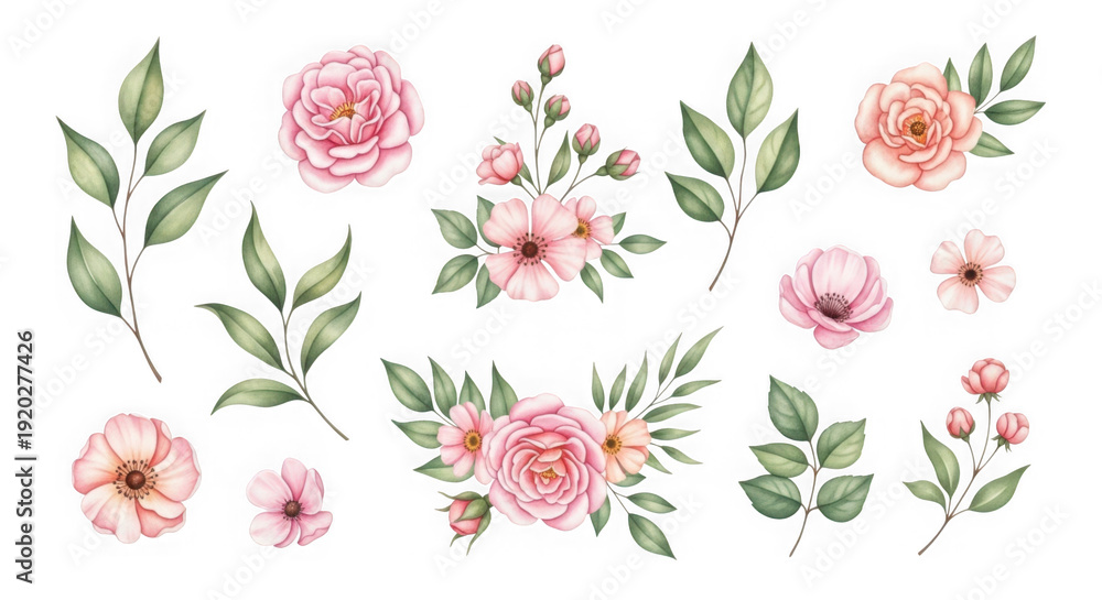 Fototapeta premium Beautiful pink floral bouquet with green leaves isolated on transparent background