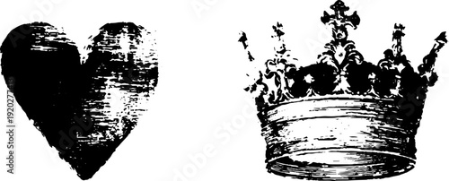High contrast heart and crown black and white ink design for print and card decor