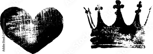 Heart and crown high contrast black and white ink art for design