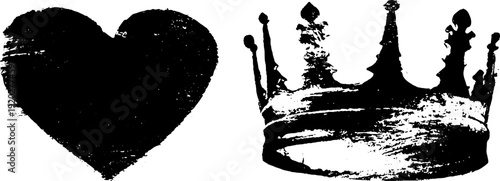 High contrast heart and crown ink art - black and white design for tattoos and prints