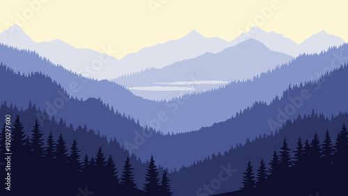 Mountains Landscape with Trees Silhouette.