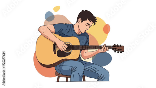 Young Man Playing Acoustic Guitar with Passion.