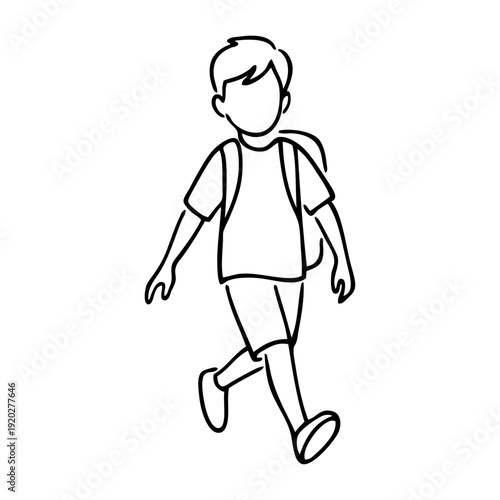 Regreso a las clases. Dibujo sencillo con líneas de un niño de primaria caminando con mochila