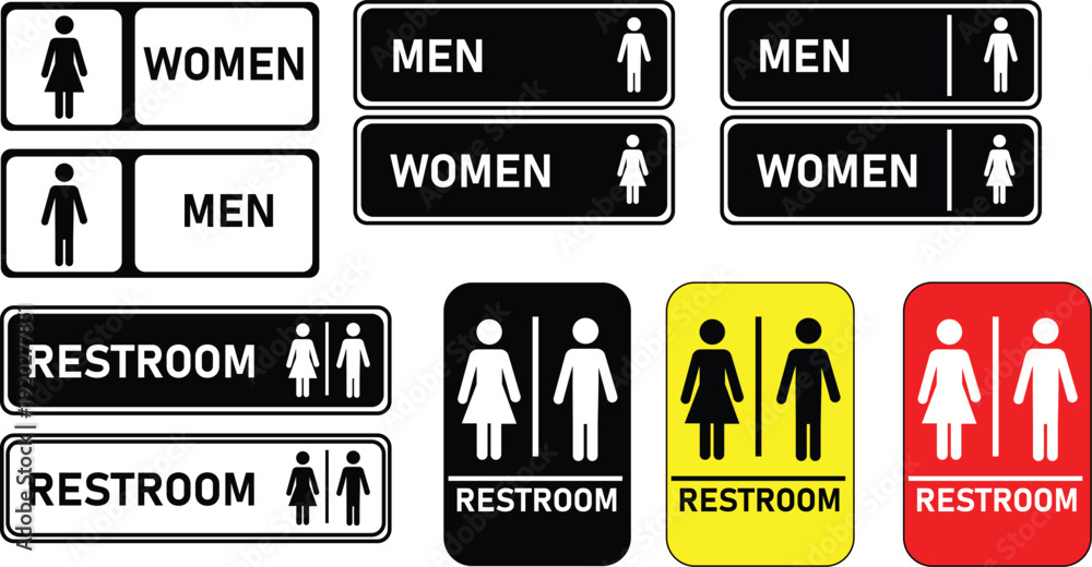 Obraz premium Toilet icons sign set. Men and women restroom icon sign board right arrow. Disabled wheelchair Restroom, toilet signs 