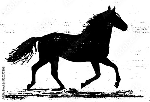 Majestic horse silhouette with flowing banner in high contrast black and white ink