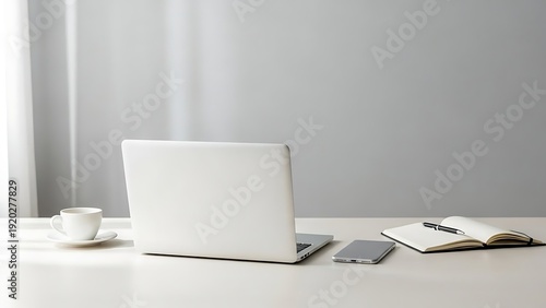 Minimal Laptop Computer on Clean Office Desk for Remote Work and Home Office Workspace Concept