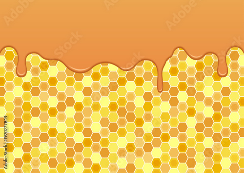 とろりと滴る美味しそうなハチミツと六角形のハニカム構造が背景に広がるベクターイラスト素材 蜂蜜の甘い質感と蜂の巣のパターンを組み合わせたシームレスで使いやすいフレームデザイン