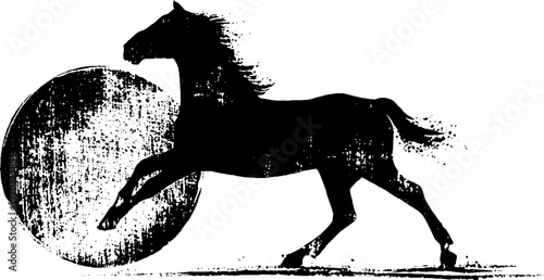 Dynamic horse and shield silhouette in high contrast black and white ink