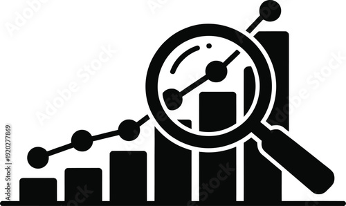 Magnifying glass over growing bar chart and line graph icon representing business analysis, data inspection, financial growth tracking, and performance review concept in black and white silhouette sty
