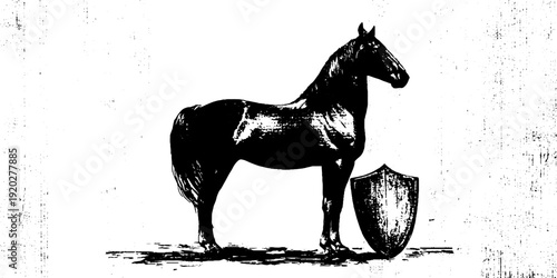 High contrast black and white ink illustration of horse and shield for retro design