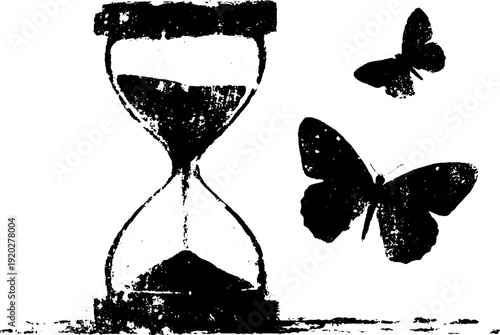 High contrast ink illustration of hourglass and butterflies with wings theme