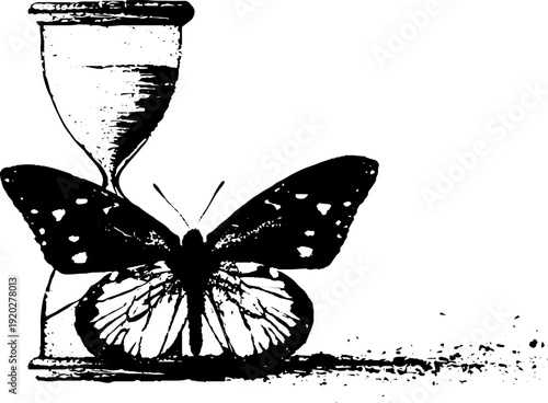 Time and transformation: hourglass with butterfly wings in high contrast black and white design