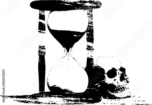 Time and mortality: hourglass and skull in high contrast black and white ink art