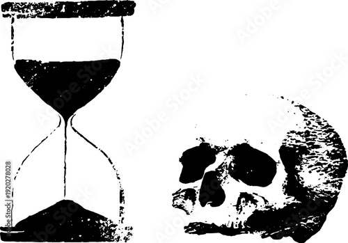 Symbolic hourglass and skull in high contrast black and white ink art