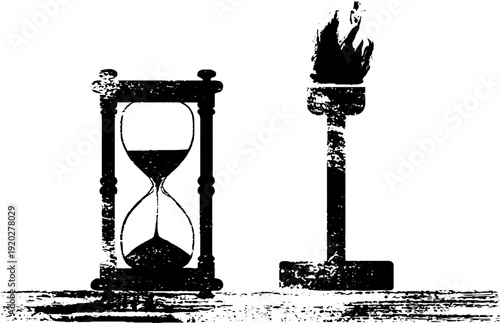High contrast black and white ink illustration of hourglass and torch design