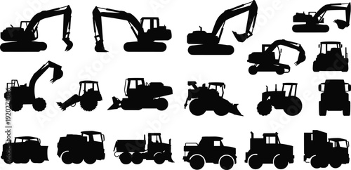 Construction machinery silhouettes set, excavator bulldozer tractor truck loader heavy equipment vector illustration isolated on white background industrial transport collection