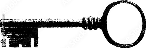 Vintage key and banner black and white ink drawing silhouette
