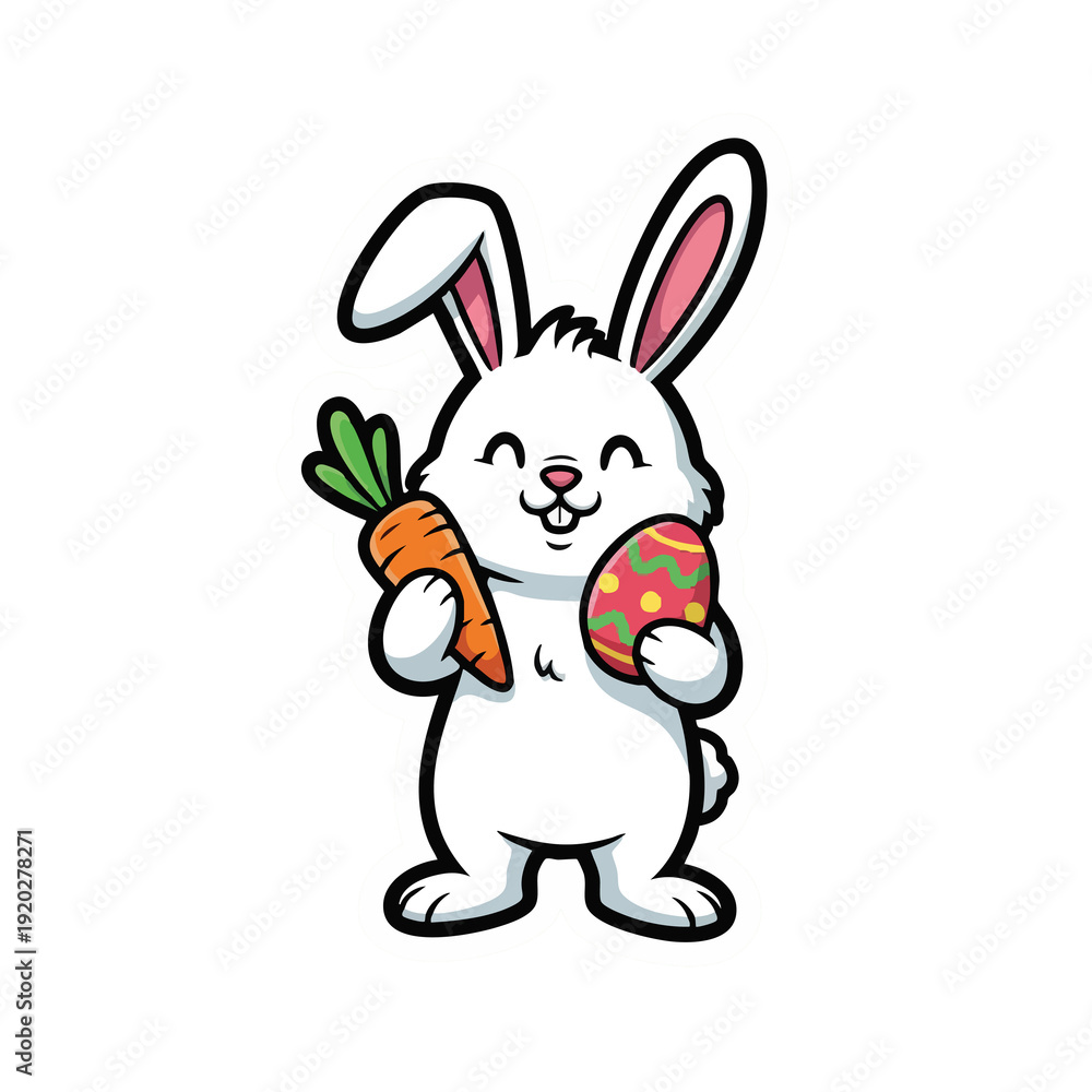 Obraz premium A happy cartoon Easter bunny with white fur holds a vibrant orange carrot and a decorative patterned egg.