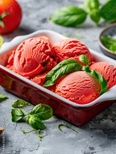 Tomato ice cream with basil and a hint of lime served in a small dish