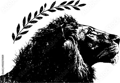 Regal lion with laurel crest in high-contrast black and white ink design for heraldic art