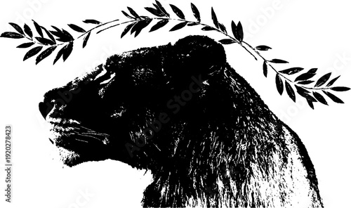 Lion head profile with laurel wreath in high contrast black and white for elegant design