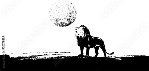 Lion silhouette with moon - high contrast black and white ink design for prints and posters