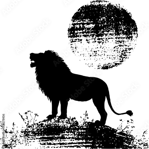 Majestic lion silhouette under moon in high contrast black and white ink artwork