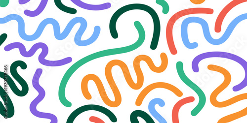 Modern memphis style scribble line art: colorful seamless abstract doodle pattern background