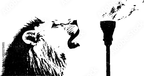 Majestic lion roaring at torch in high contrast ink design