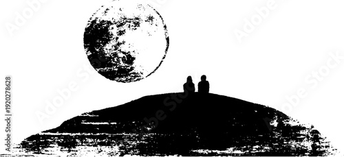 Moonlit contemplation: silhouetted figures under night sky for artistic design